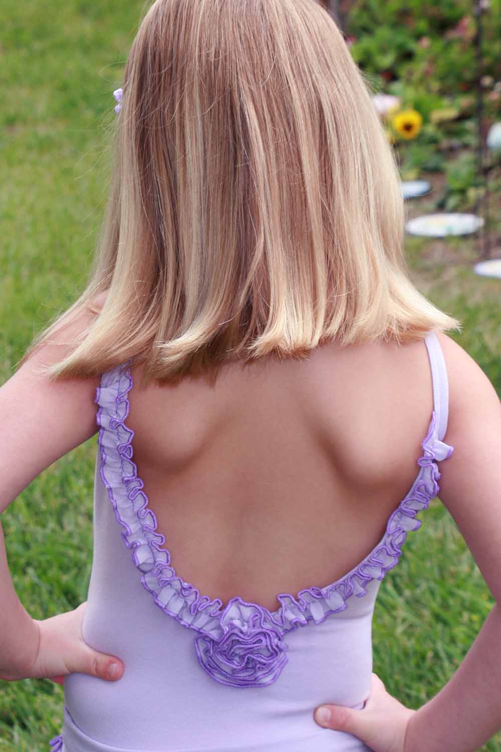 Girls' Cami Leotard with Ruffle Neckline Flower Detail