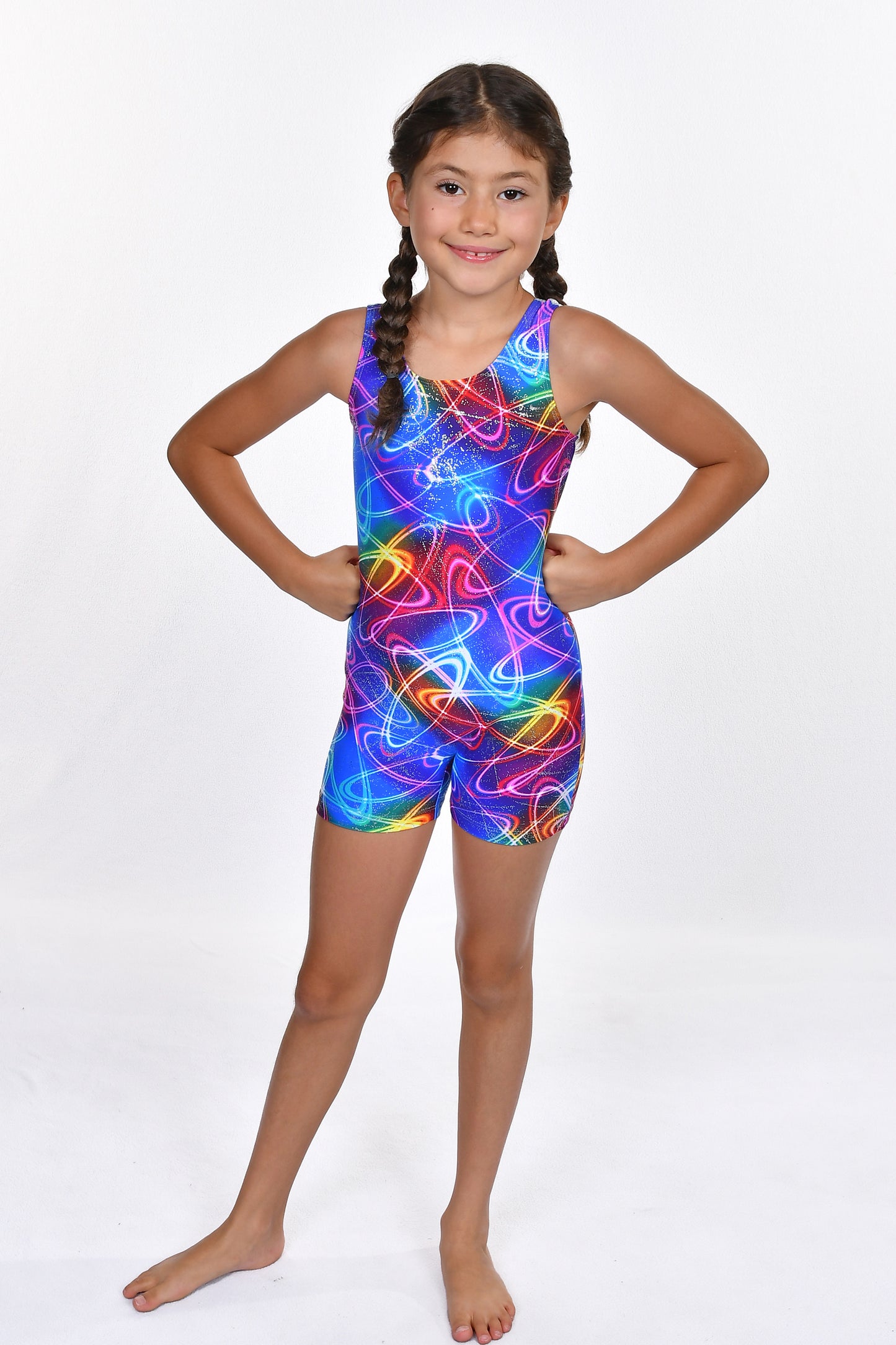Girls' Rainbow Foil with Silver Detail Gymnastic Biketard