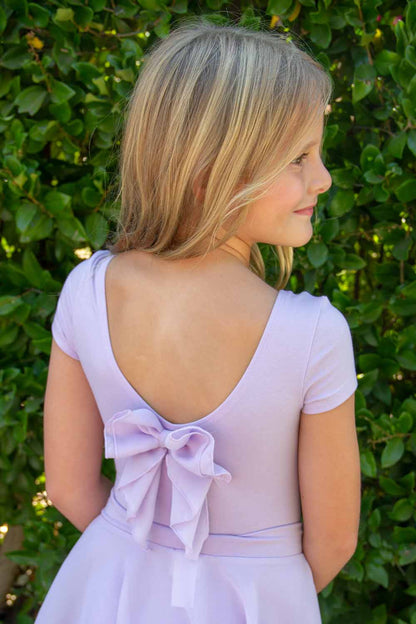 Girls Short Sleeve Leotard Waterfall Bow Back Detail
