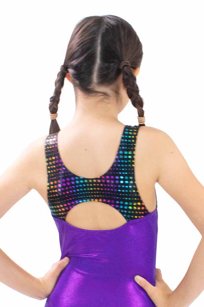 PRE-ORDER GY5993PD Purple Keyhole Rainbow Dots Gymnastic Leotard