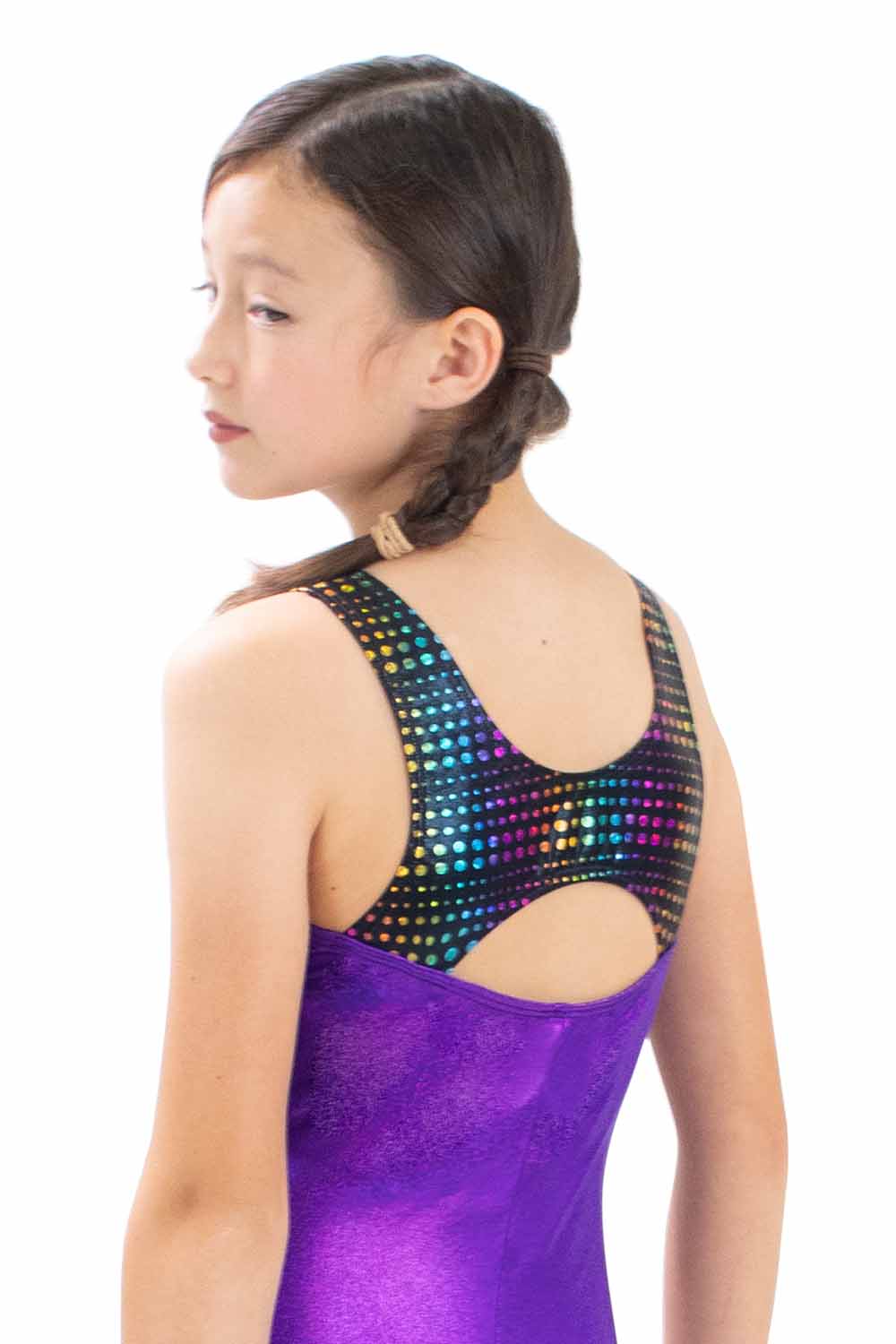 PRE-ORDER GY7398PD Purple Keyhole Rainbow Dots Gymnastic Biketard