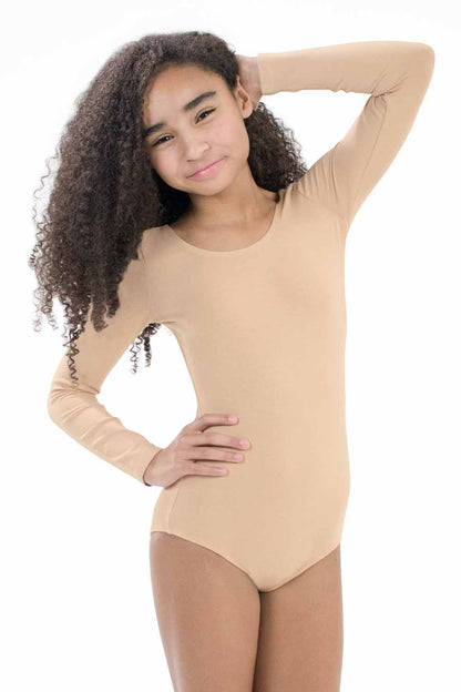 Girls' Unlined Long Sleeve Leotard in Nude