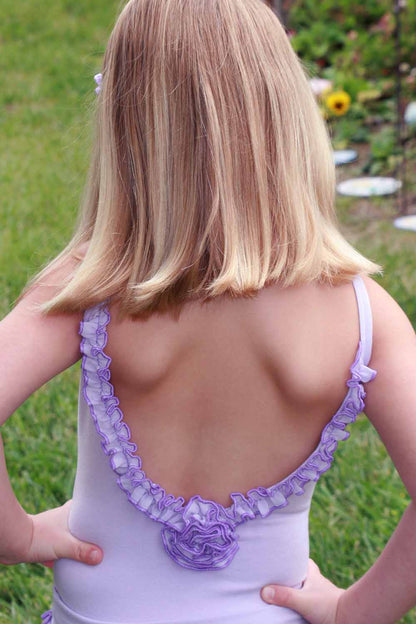 Girls' Cami Leotard with Ruffle Neckline Flower Detail