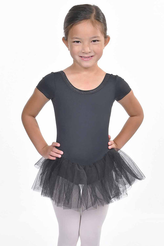 Girls' Satin Trim Short Sleeve Square Back Tutu Dress Leotard