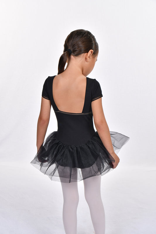 Girls' Detailed Trim Short Sleeve Square Back Tutu Dress Leotard