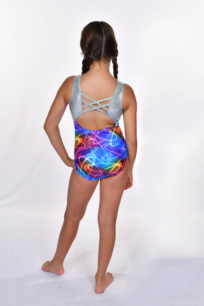 Girls' Rainbow Foil with Silver Detail Gymnastic Leotard